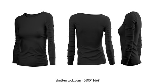 Black woman's T-shirt with long sleeves with rear and side view on a white background