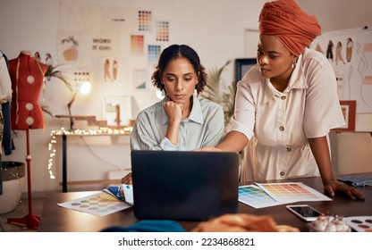 Black women, fashion designer or laptop in teamwork collaboration, strategy planning or brand innovation in retail store. Creative workers, technology or clothes boutique employees with vision ideas - Powered by Shutterstock