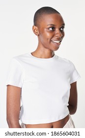 Black women in a sexy white cropped top with design space 