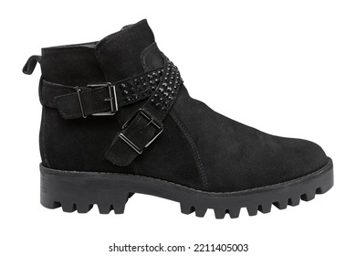 Black Women's Suede Boot, Sole With Protector, On A White Background, Strap With Rhinestones, Isolate