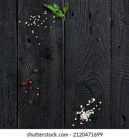 Black Wood Background. Food Ingredient Background With Copy Space. Dark Background With Food Ingredients. Retro Style.  Wood Floor Vintage Texture