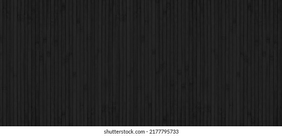 Black wood plank widescreen texture. Bamboo slat dark large wallpaper. Abstract wooden panoramic background