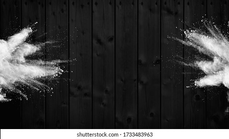 Black wood splash flour. Baking class or recipe concept on dark background, sprinkled wheat flour with free text copy space. Cooking dough or pastry black background. Wooden background text ready.