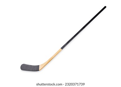 Black wooden hockey stick on a white isolated background.