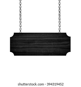 Black Wooden Sign Hanging On A Chain Isolated On White