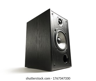 Black wooden sound speaker on white isolated background.