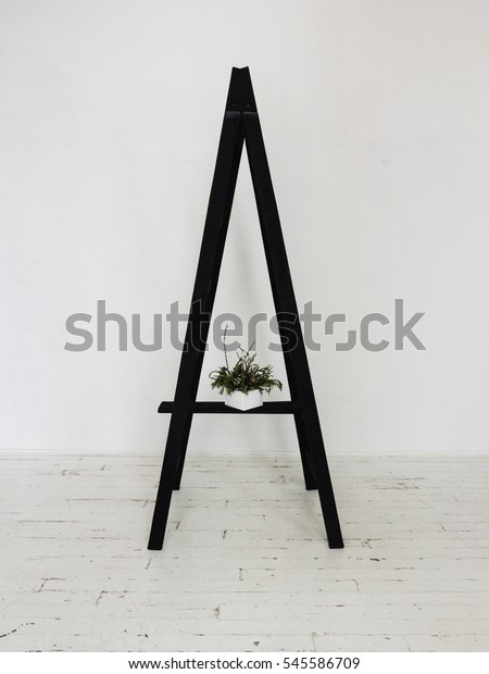 Black Wooden Stepladder Interior Green Decorative Stock Photo