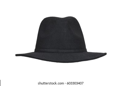 Chapeau noir en laine isolé sur blanc avec chemin de détourage.