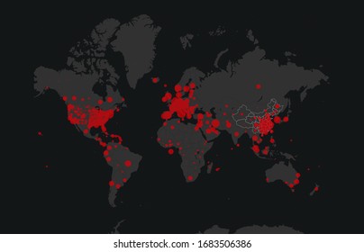 Black World map of Coronavirus (Covid-19), Countries with Covid-19, Covid 19 map confirmed cases report worldwide globally. Coronavirus disease 2019 situation update worldwide coronavirus spread