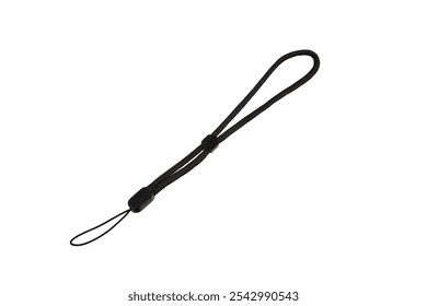 A black wrist strap with an adjustable loop, commonly used for securing small electronic devices like cameras or USB drives, isolated on a white background.