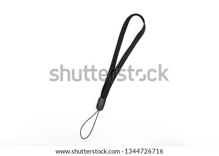 Black wrist strap for mobile phone or camera isolated on white background.