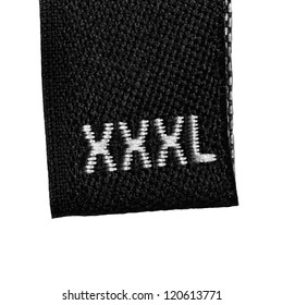 Black XXXL Size Clothing Label Tag, Fabric, Isolated On White, Detailed Macro Closeup