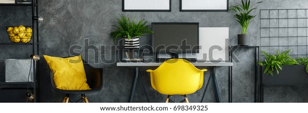 Black Yellow Chair Next Desk Desktop Royalty Free Stock Image