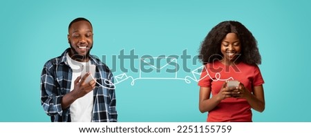 Black young couple sending messages to each other via smartphones, african american man and woman communicating online, holding cellphones connected with envelope shape string, collage