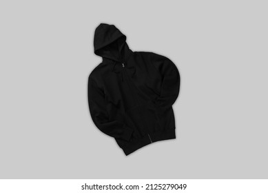 Black Zip Hoodie Flay Lay Concept Top View Isolated On Plain Background