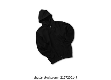 Black Zip Hoodie Flay Lay Concept Top View Isolated On Plain Background