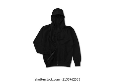 Black Zip Hoodie Top View With Flat Lay Concept Isolated On White Background