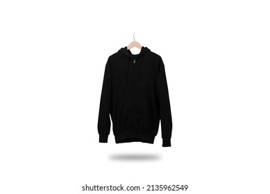 Black Zip Hoodie With Wood Hanger Hanging On Isolated White Background