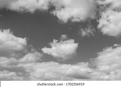 Black-and-white photo, white textured fluffy clouds in the sky.