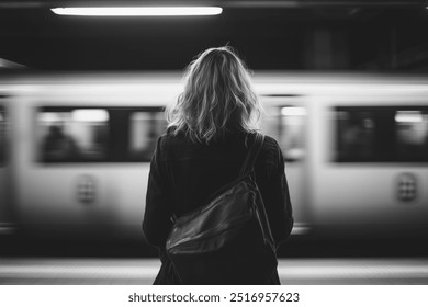 A black-and-white photo of a woman with a backpack standing on a subway platform, viewed from behind. A train blurs by, capturing a quiet moment of reflection in a fast-paced urban setting. - Powered by Shutterstock