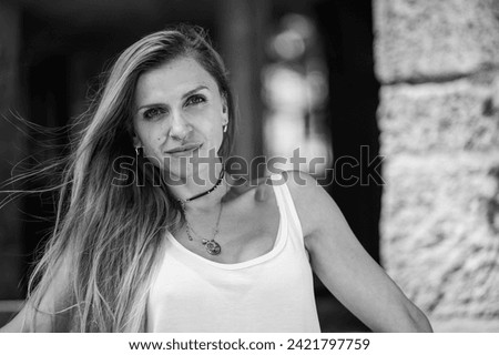 Image, Stock Photo Happy blonde woman smiling