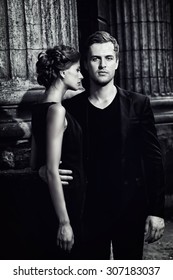 Black-and-white Portrait Of A Beautiful Man And Woman. Fashion Style Photo. Love Concept.