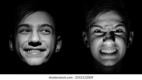 A black-and-white portrait of a young man displaying two contrasting emotions—happiness on the left side and intense anger on the right. Dramatic lighting emphasizes the facial expressions. - Powered by Shutterstock