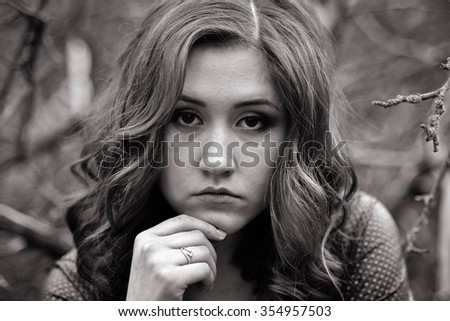 Blackandwhite Portrait Youngveryvery Upset Wavy Hair Stock Photo