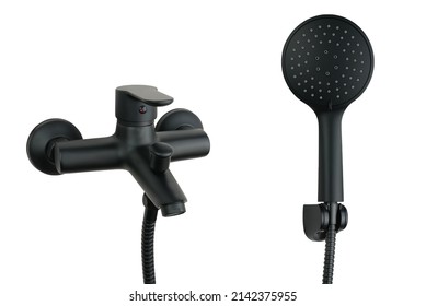 Black,bathroom,Mixer Metal Faucet Isolated,Hand Holding Shower, White Background
