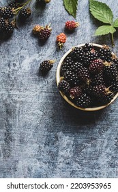 Blackberries Flat Lay, Copy Space, Summer Fruits Background, Ripe Blackberry, Overhead View