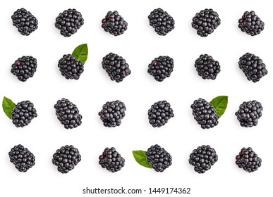 Blackberries Isolated On White Background,  Top View, Flat Lay Pattern.