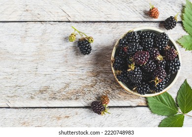 Blackberries On Wooden Table, Fresh Blackberry In Bowl, Overhead View, Copy Space