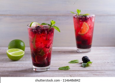 Blackberry Mojito Cocktail With Berries, Lime And Mint. Summer Berry Cocktail 