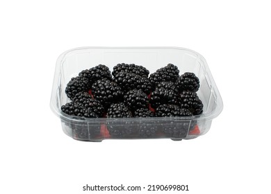 Blackberry Pile In Plastic Box Isolated. Black Berry Group, Summer Blackberry Fruit On White Background