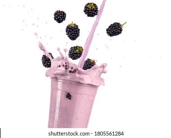 Blackberry smoothie splash in a plastic cup, close up