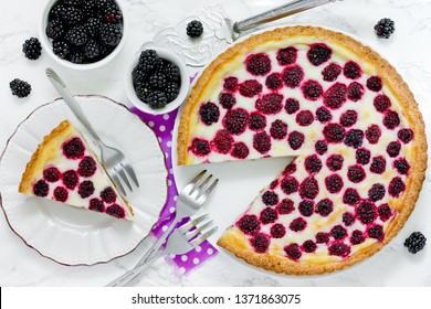 Blackberry Sour Cream Pie - Homemade Tart Summer Pie With Ripe Blackberries Berry And Sour Cream Sweet Filling On Crispy Thin Dough