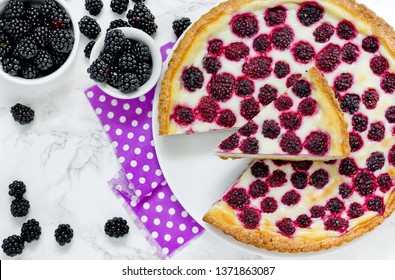 Blackberry Sour Cream Pie - Homemade Tart Summer Pie With Ripe Blackberries Berry And Sour Cream Sweet Filling On Crispy Thin Dough