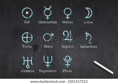 Blackboard with the astrology planet glyphs and their names drawn in the middle.