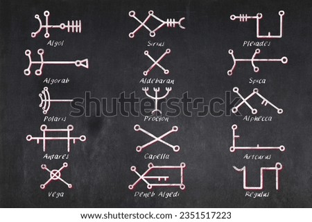 Blackboard with the Behenian Stars glyphs (Algol, Pleiades, Aldebaran, Capella, Sirius, Procyon, Regulus, Polaris, Algorab, Spica, Arcturus, Alphecca, Antares, Vega and Deneb Algedi)