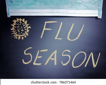 Blackboard Or Chalkboard With The Phrase Flu Season Written On It And Drawn Influenza Viruses And A Medical Face Mask, Flu Season Concept