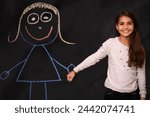 Blackboard, children or girl holding hands with art, drawing or picture of imaginary friend on dark background. Fantasy, creative or kid person with chalk sketch, dream or school homework assignment