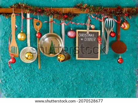 Blackboard with christmas menu and kitchen utensils, free copy space Stock photo © 