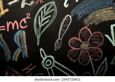 Blackboard covered with vibrant chalk drawings, featuring math symbols, art icons, and playful designs. Great for back-to-school themes and classroom settings - Powered by Shutterstock