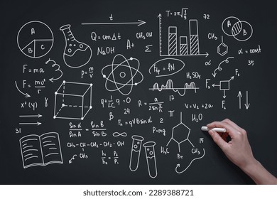 Blackboard with hand written scientific formulas and math calculations. Science and education concept