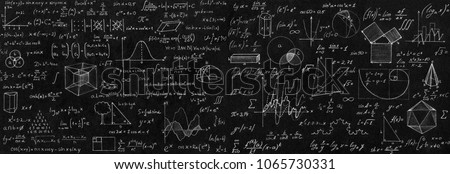 Blackboard inscribed with scientific formulas and calculations in physics and mathematics. Science and education background.