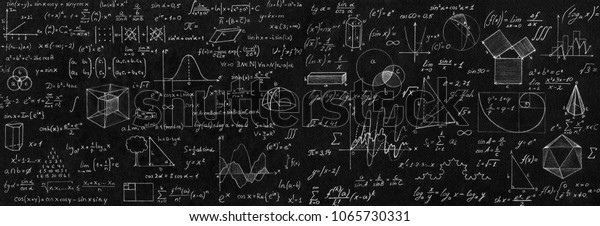 Blackboard\
inscribed with scientific formulas and calculations in physics and\
mathematics. Science and education\
background.