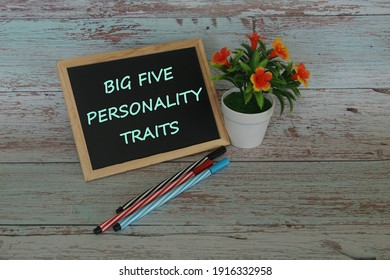 Blackboard, Pens And Diary On The Table. Big Five Personality Traits Concept.