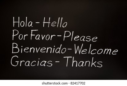 Blackboard With Spanish Words And Their English Translations.