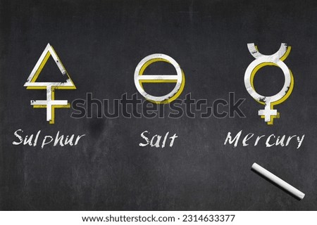 Blackboard with the Three Principles glyphs of alchemy and their names drawn in the middle. Those kind of symbols where used by alchemist and found in the Alchemical magnum opus.