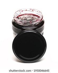 Blackcurrant Jam In Glass Jar With Lid, Marmalade Isolated On White Background, Top View